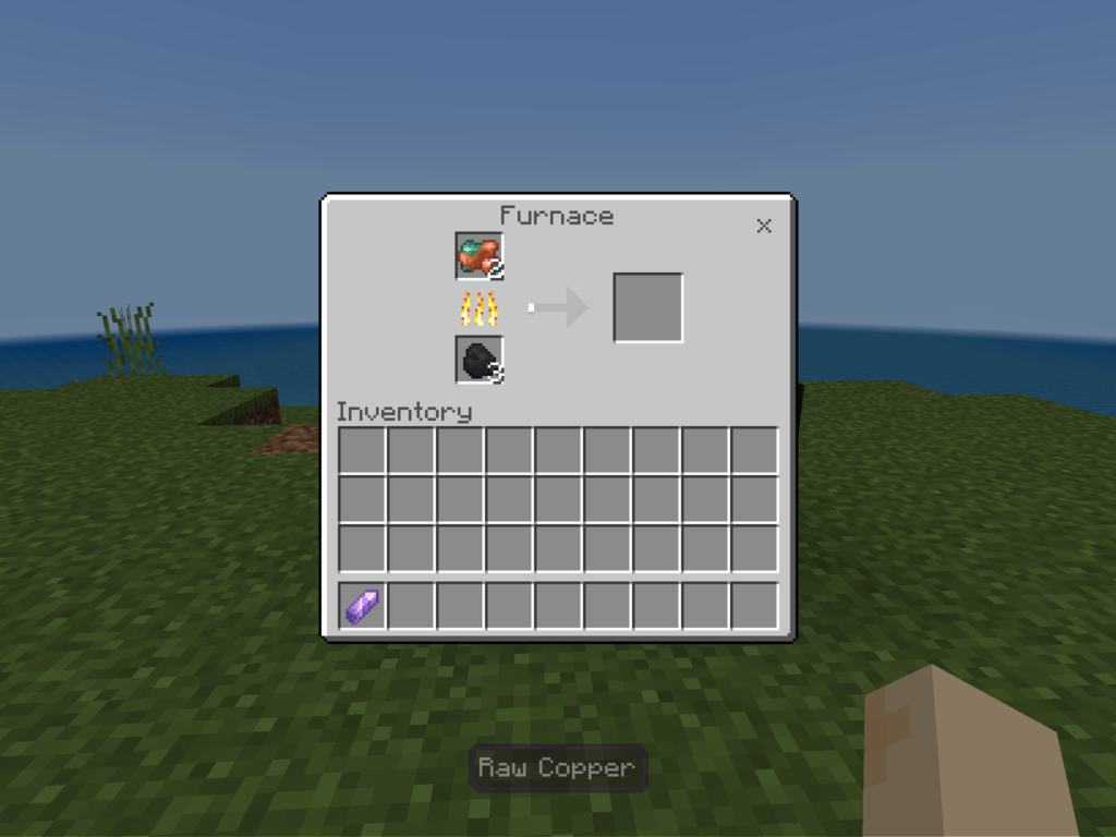 A close-up of a Minecraft furnace interface, with raw copper being smelted into ingots. Coal is used as the fuel, visible in the lower slot, and a sea landscape with kelp can be seen in the background. The player's inventory shows only a spyglass and a piece of raw copper
