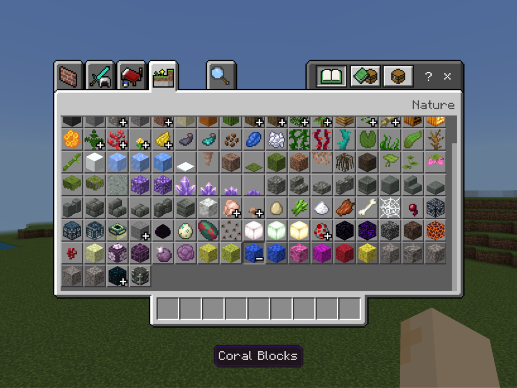 GPT This image features an in-game inventory screen from a block-style video game, likely Minecraft, under the "Nature" category. The inventory shows a diverse array of blocks and items, including different types of corals, leaves, woods, plants, and gems. Each item is depicted in a grid format, with icons for adding these items to the inventory. The top of the screen shows the player's tool bar with items like weapons and a map, and the interface elements indicate health and armor levels. The background reveals a simple grassy landscape.