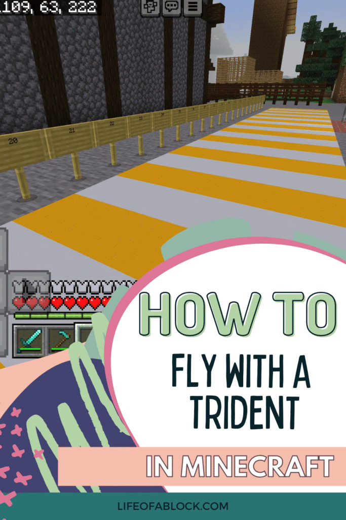 A Minecraft gameplay screenshot featuring a numbered runway with alternating yellow and white stripes, possibly used for measuring distance. The screen overlay shows a player's hotbar with weapons and full health. Overlaid graphic text reads, “How to fly with a trident in Minecraft,” with the website “lifeofablock.com” at the bottom.