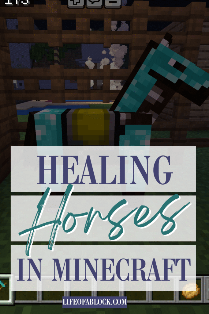 A Minecraft horse wearing diamond armor stands inside a fenced enclosure at night, with the text “Healing Horses in Minecraft” overlaid in bold and script fonts. The bottom of the image includes the website name “lifeofablock.com.” This image appears to be a blog graphic for a guide on restoring horse health in the game.