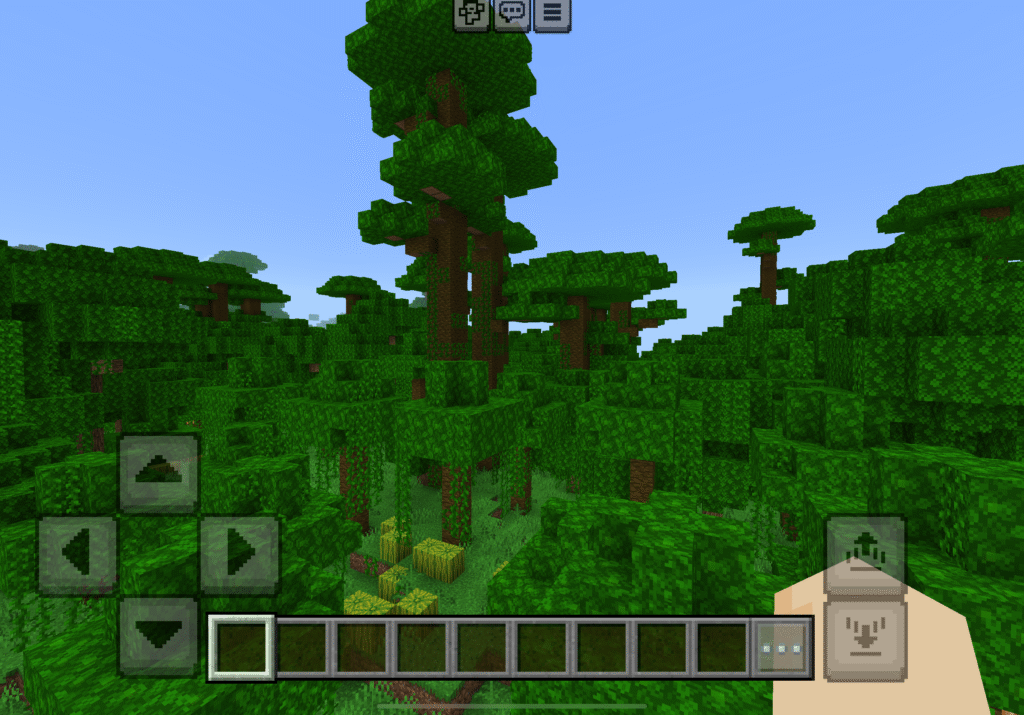 Screenshot of a dense jungle biome in Minecraft featuring towering jungle trees with thick canopies, hanging vines, and patches of melons on the forest floor. The in-game interface is visible, showing the player's control buttons and empty inventory bar.