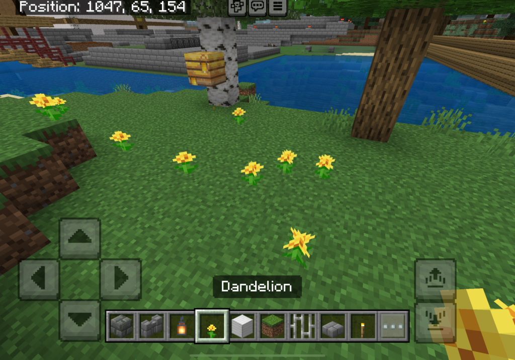 In-game Minecraft scene showing a player holding a dandelion while standing on grass surrounded by blooming dandelions. A beehive hangs from a birch tree near a lake, with various structures and trees in the background.