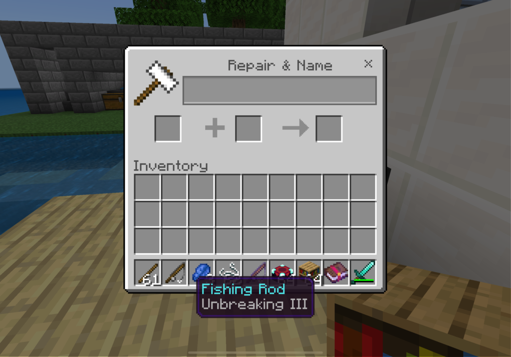 Minecraft anvil interface titled “Repair & Name” with an enchanted fishing rod highlighted in the inventory bar. Tooltip text reads “Fishing Rod” and “Unbreaking III” while lapis lazuli, string, an enchantment table, bookshelves, and a diamond sword are visible in the hotbar below.