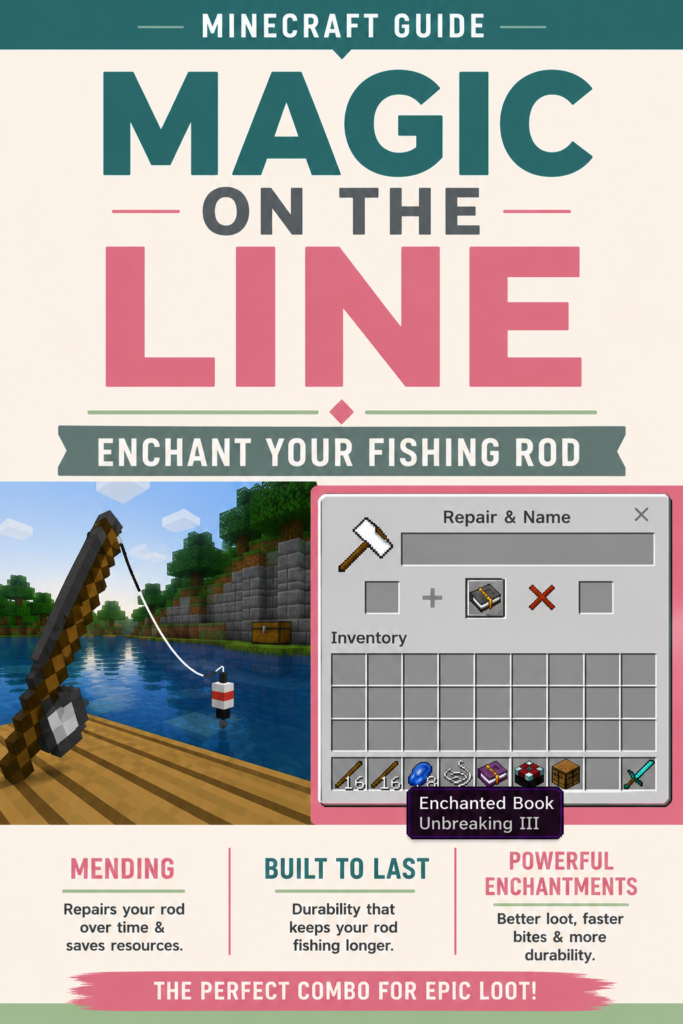Minecraft guide graphic titled “Minecraft Guide Magic on the Line Enchant Your Fishing Rod.” The image shows a fishing rod cast into a lake beside a Minecraft anvil enchantment screen with an “Enchanted Book Unbreaking III” item selected. Text at the bottom reads “Mending. Repairs your rod over time and saves resources.” “Built to Last. Durability that keeps your rod fishing longer.” “Powerful Enchantments. Better loot, faster bites and more durability.” and “The Perfect Combo for Epic Loot!