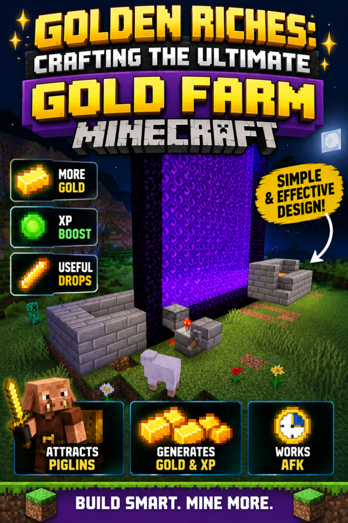 Minecraft gold farm graphic featuring a giant purple Nether portal and piglin with text reading "Golden Riches. Crafting the Ultimate Gold Farm. Minecraft. More Gold. XP Boost. Useful Drops. Simple and Effective Design. Attracts Piglins. Generates Gold and XP. Works AFK. Build Smart. Mine More.