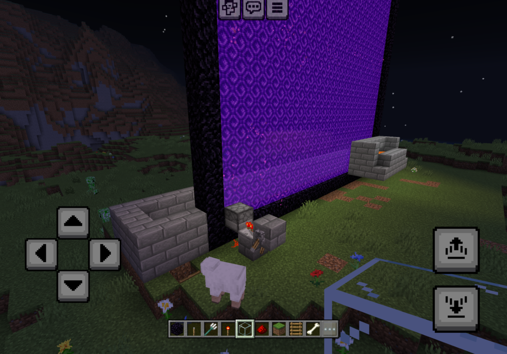 Minecraft gold farm at night with a giant glowing purple Nether portal and redstone mechanism at its base. Stone brick sections sit on either side while a sheep and creepers stand nearby.