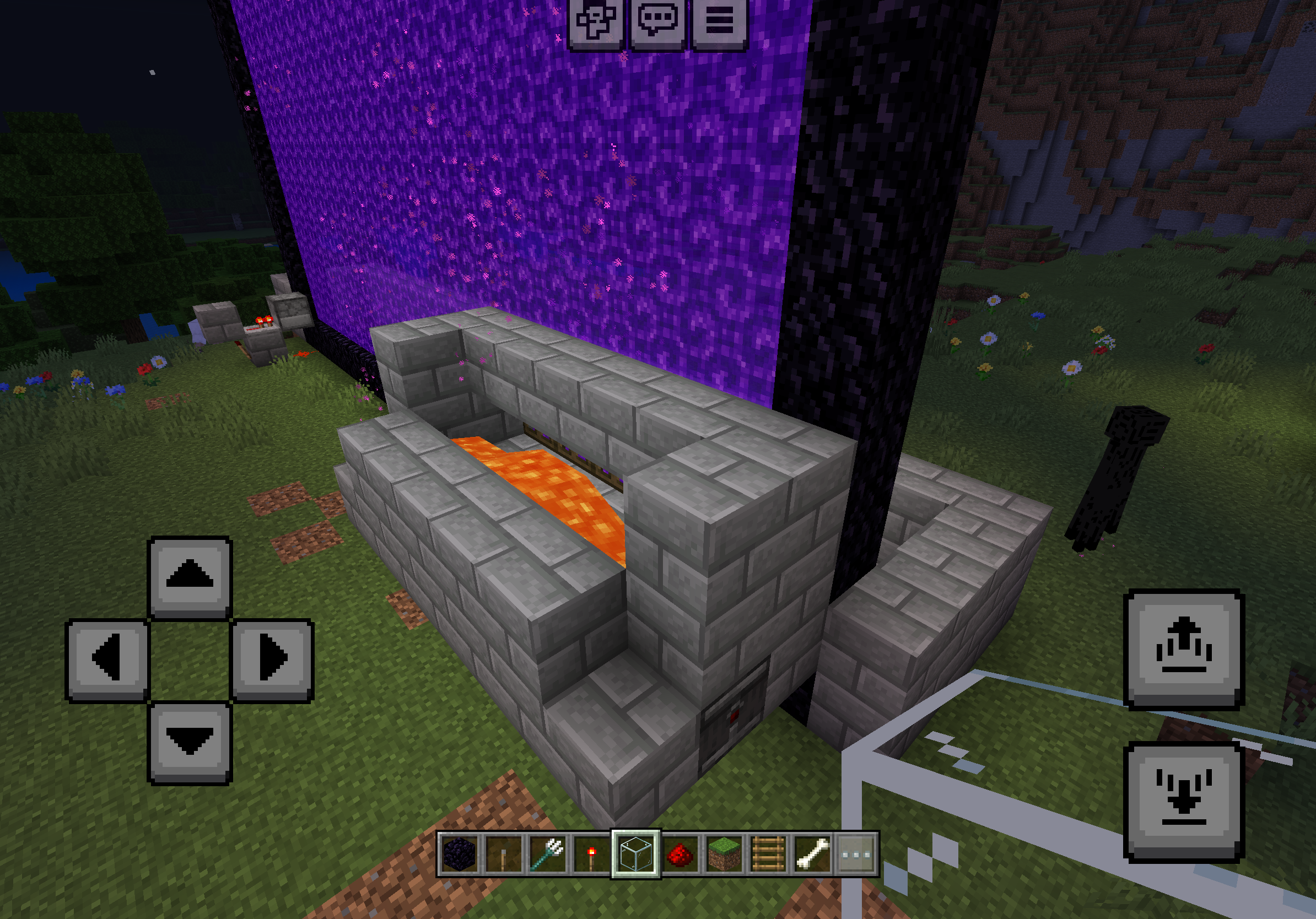 Minecraft gold farm with a glowing purple Nether portal beside a stone brick lava trap. An Enderman stands nearby while the farm structure is shown at night.