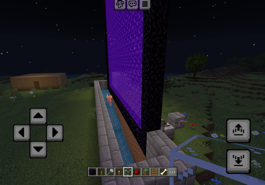 Minecraft gold farm at night with a large glowing purple Nether portal surrounded by an obsidian frame. A zombified piglin holding a golden sword stands in the water channel beside the portal.